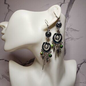 Fashion Green Rhinestone Long Dangle Earrings